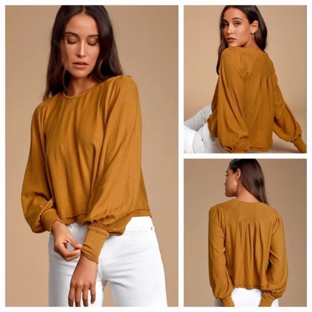 ⭐️ Free People Billie Balloon Sleeve Ribbed Top Mustard Ochre Size SMALL